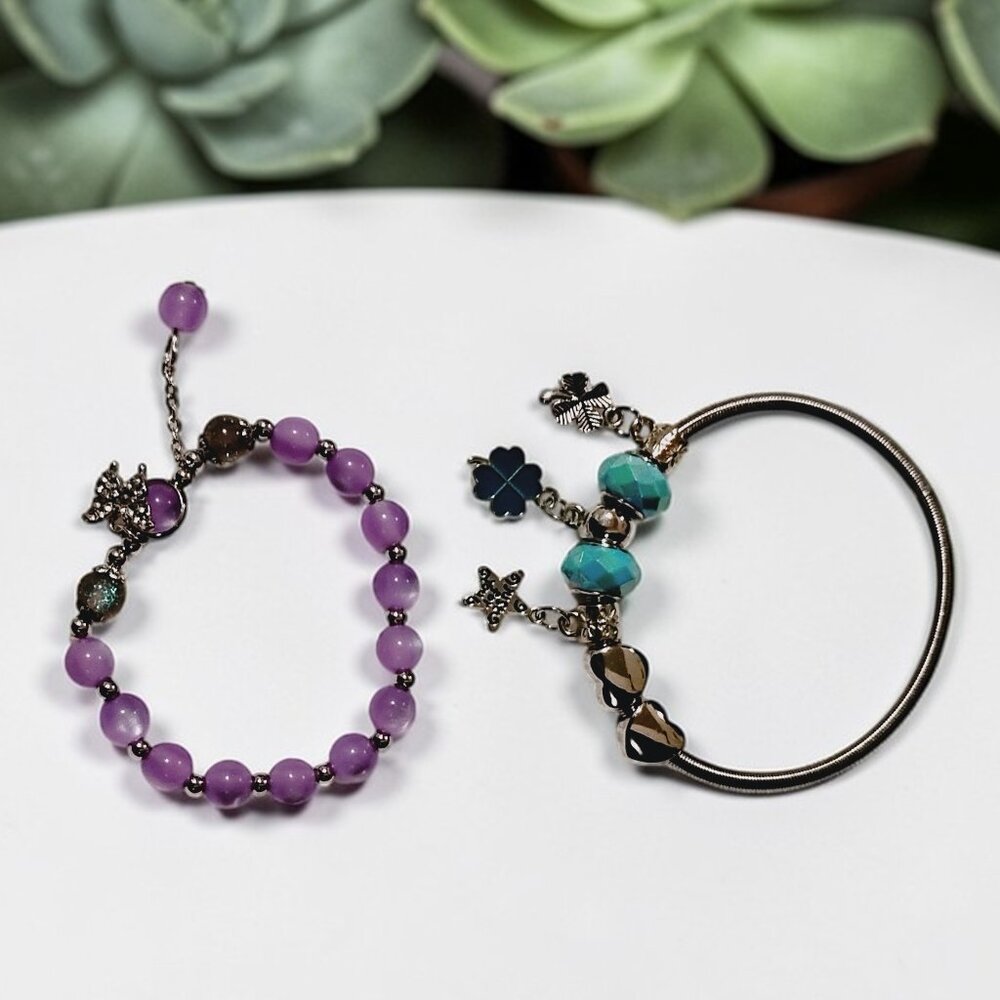 2 Handmade Jewelry Adjustable Purple& Turquoise Glass Bead Charm Bracelets